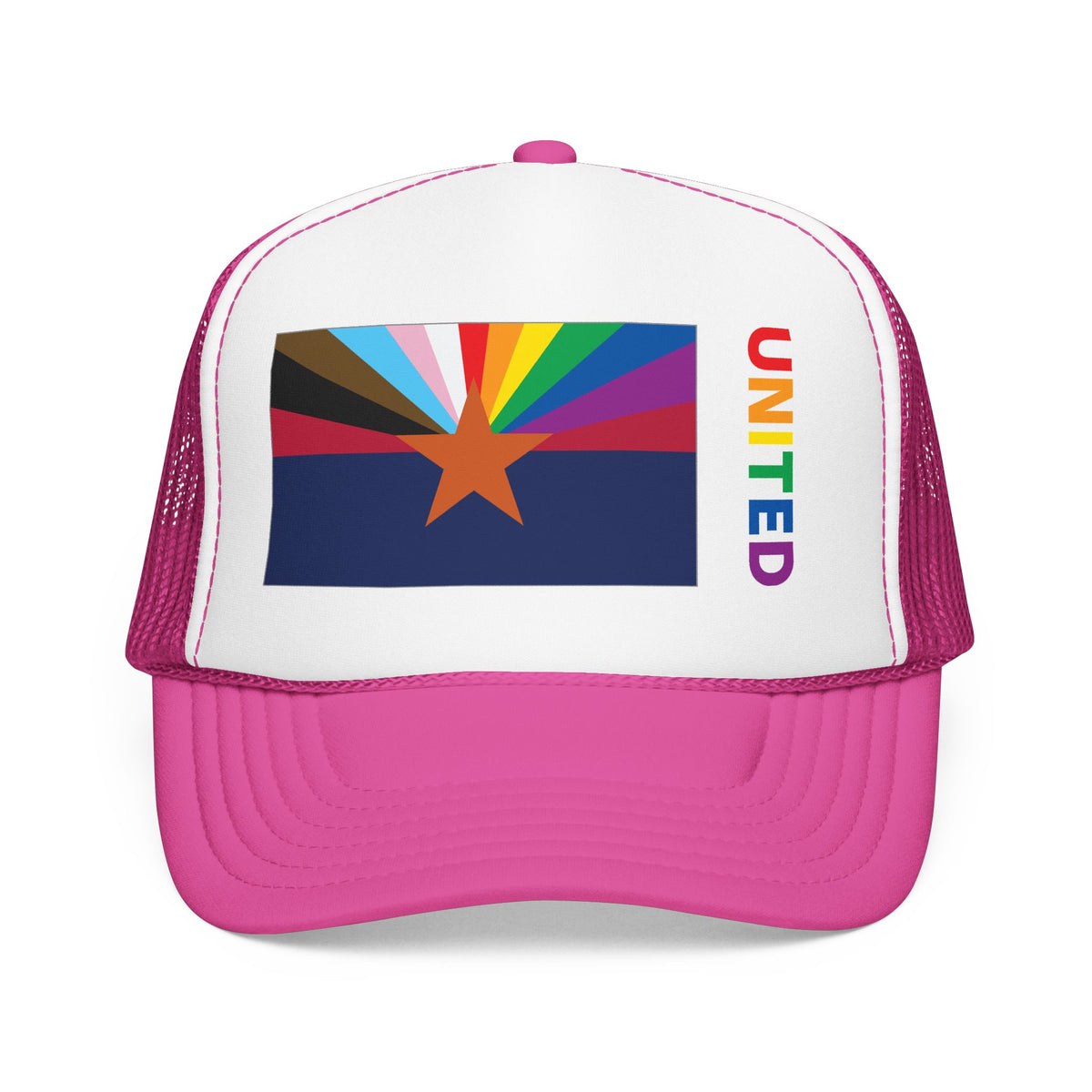 Arizona Rainbow Pride Flag "UNITED" Printed Foam Trucker Hat, Several Color Options