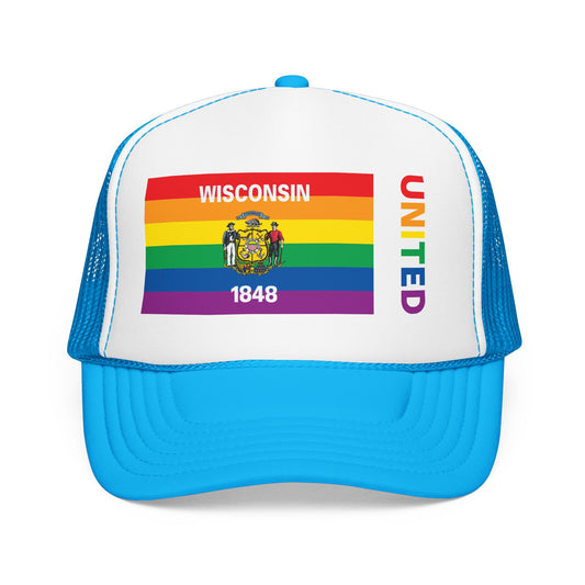 Wisconsin Rainbow Pride Flag "UNITED" Printed Foam Trucker Hat, Several Color Options