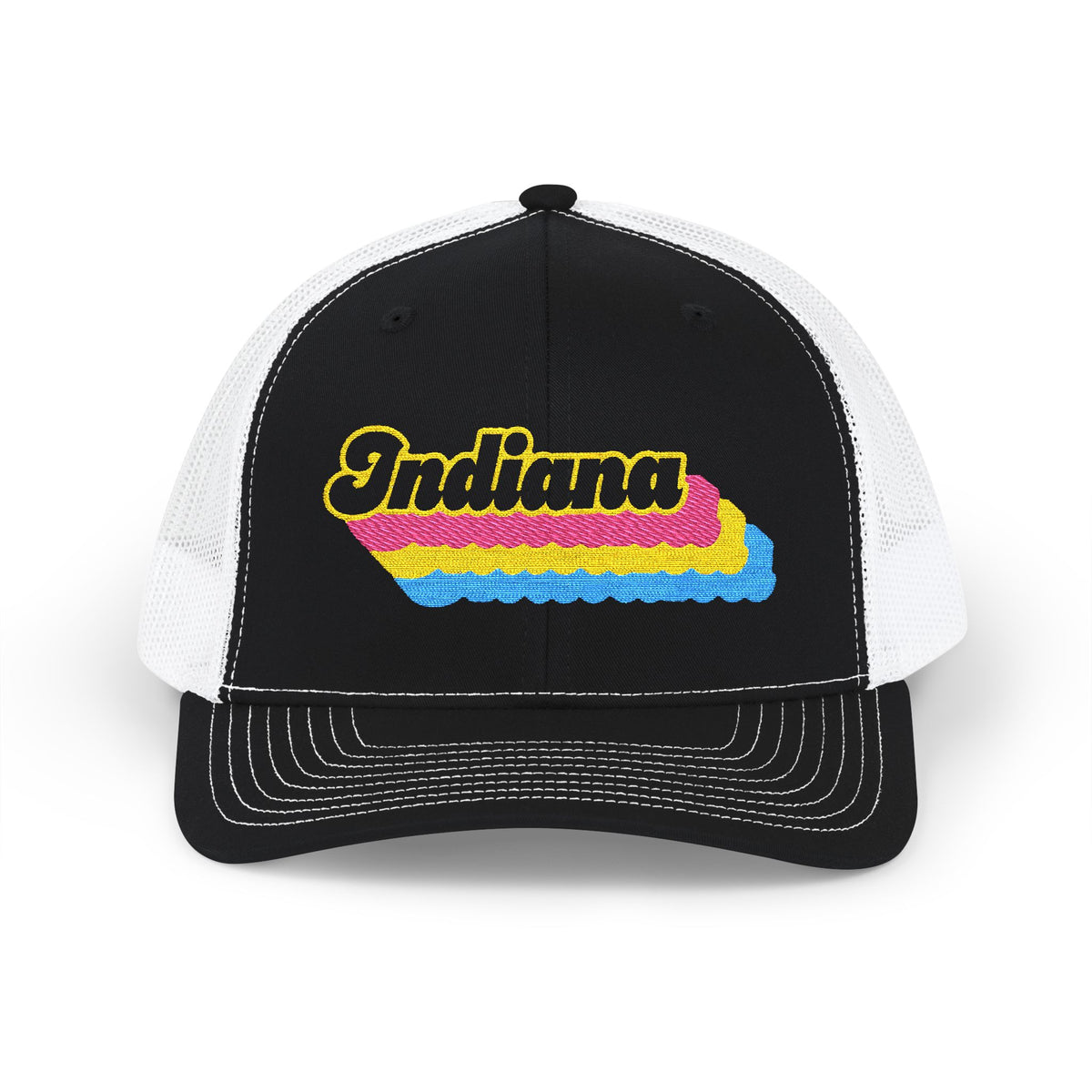 Indiana Pansexual Pride Stack Embroidered Trucker, Snapback Trucker Cap, Black front with White mesh in back