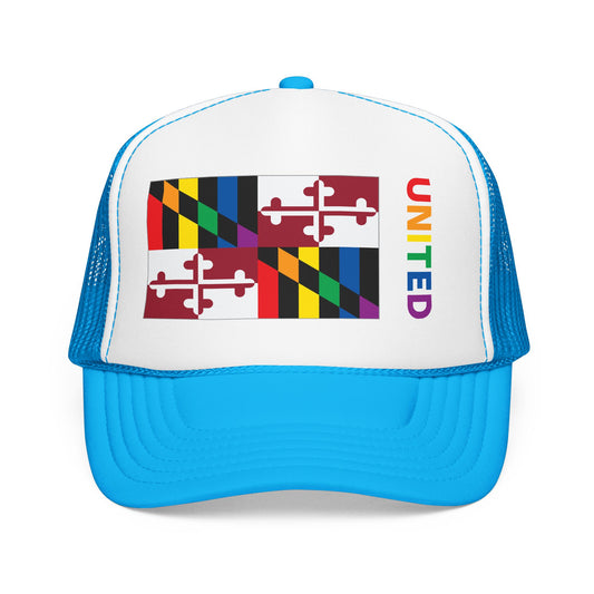 Maryland Rainbow Pride Flag "UNITED" Printed Foam Trucker Hat, Several Color Options