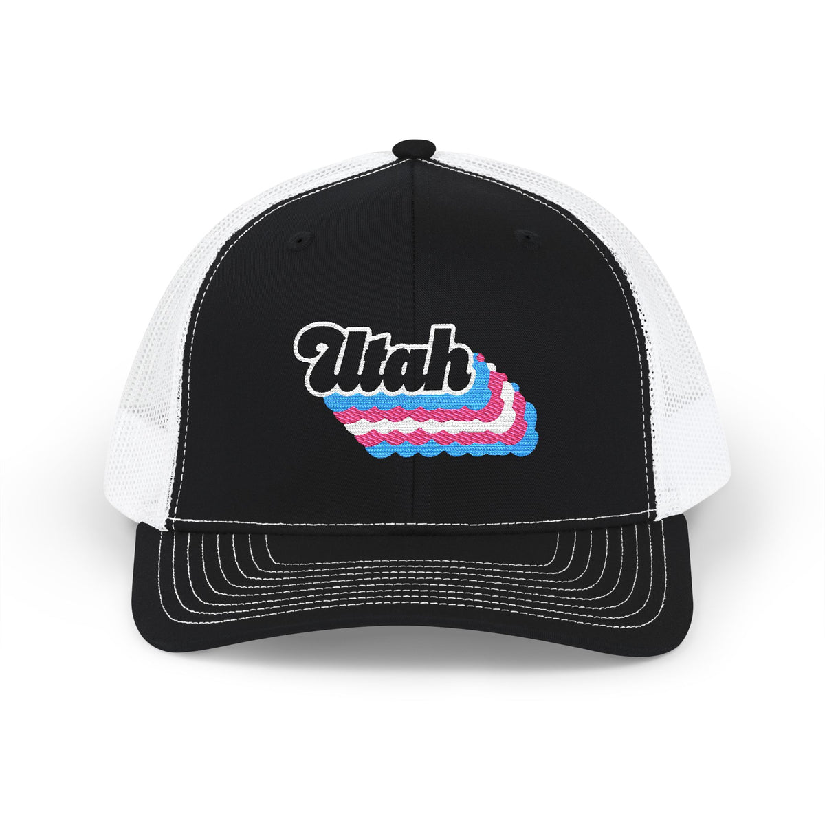 Utah Transgender Pride Stack Embroidered Trucker, Snapback Trucker Cap, Black front with White mesh in back