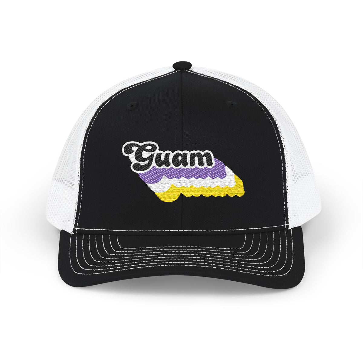 Guam Non-binary Pride Stack Embroidered Trucker, Snapback Trucker Cap, Black front with White mesh in back