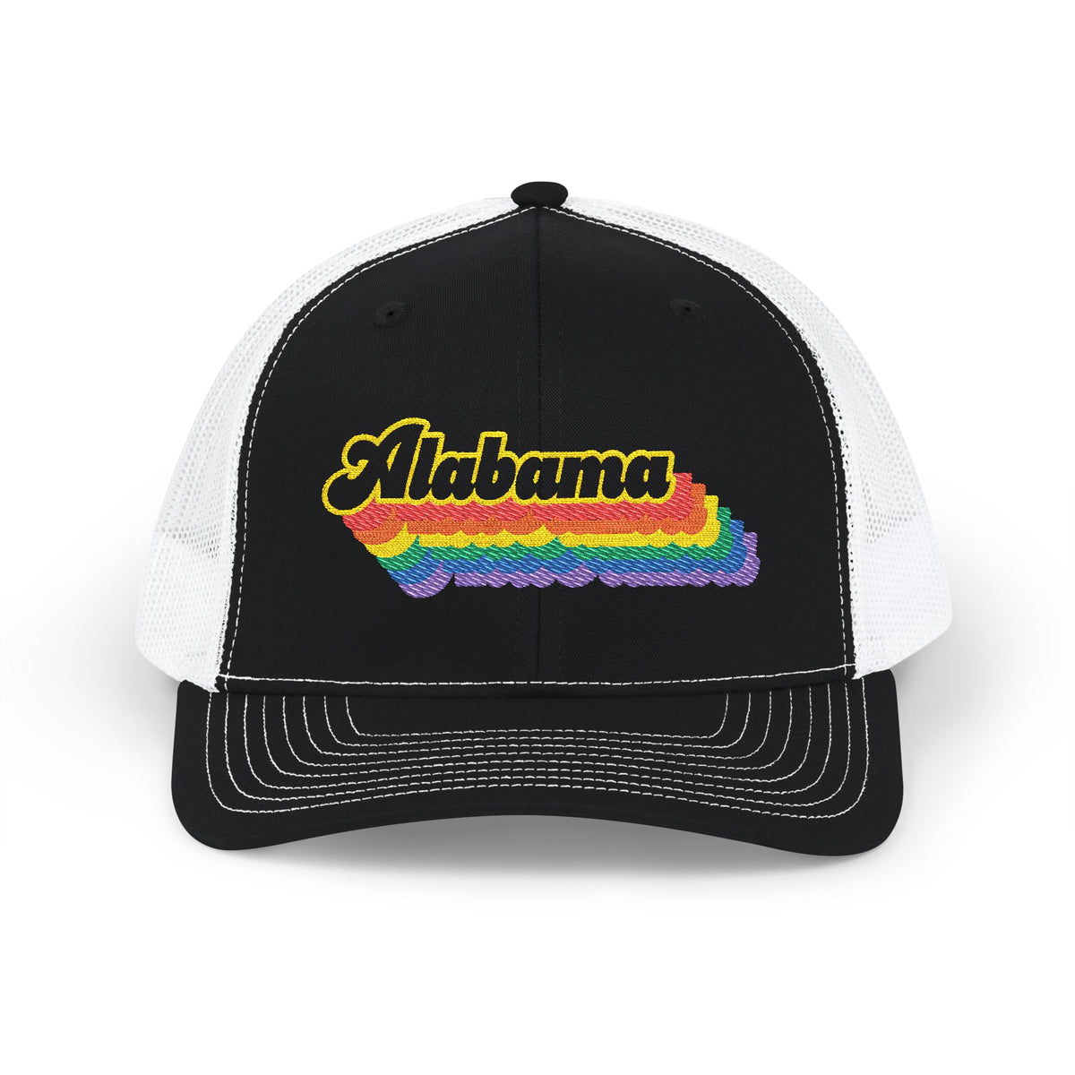 Alabama Retro Rainbow Stack Embroidered Trucker, Snapback Trucker Cap, Black front with White mesh in back