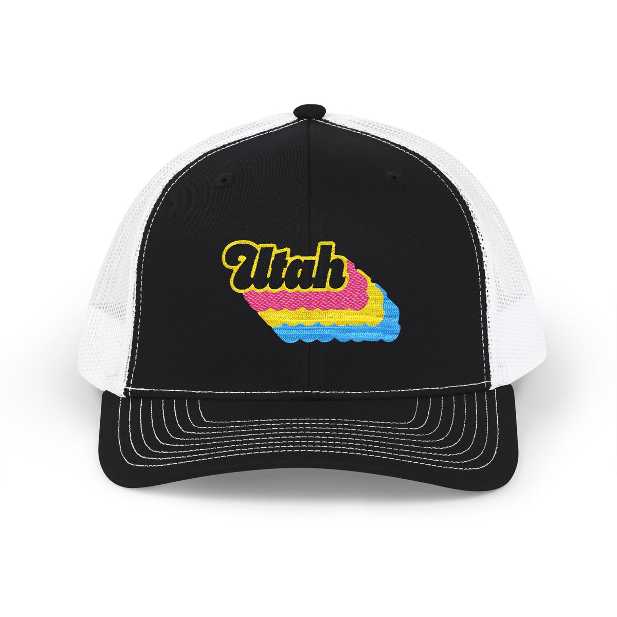Utah Pansexual Pride Stack Embroidered Trucker, Snapback Trucker Cap, Black front with White mesh in back