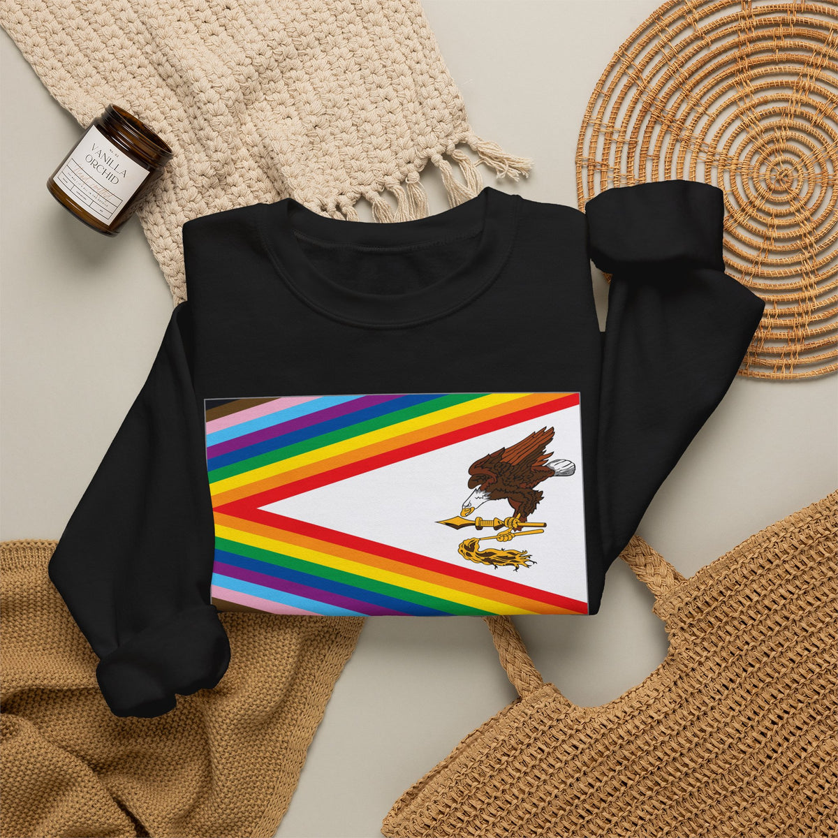 American Samoa Rainbow Pride Flag Unisex Crewneck Sweatshirt, White, Black or Light Pink