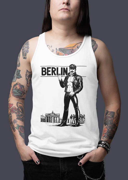BERLIN Leather Rebel Tank Top: Black on White — Queer History & Iconic Freedom Statement