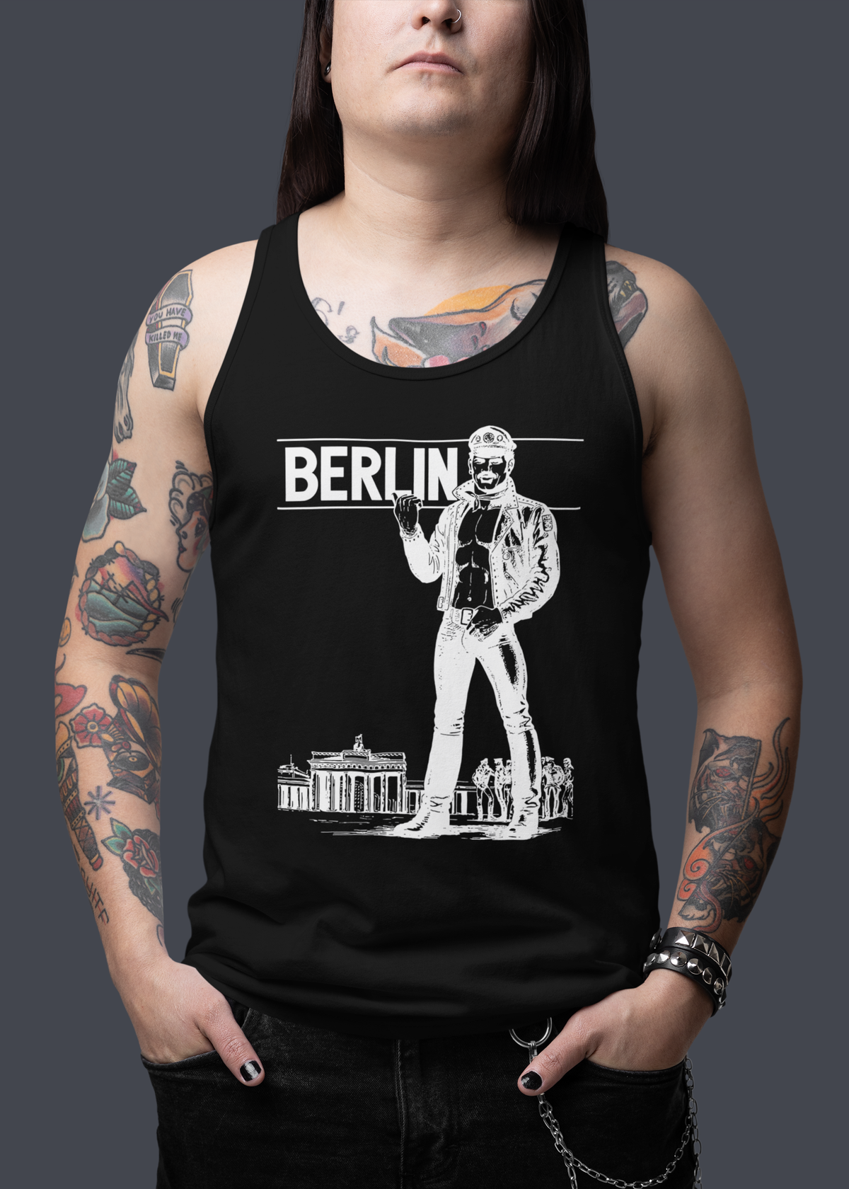 BERLIN Leather Rebel Tank Top: White on Black — Queer History & Iconic Freedom Statement