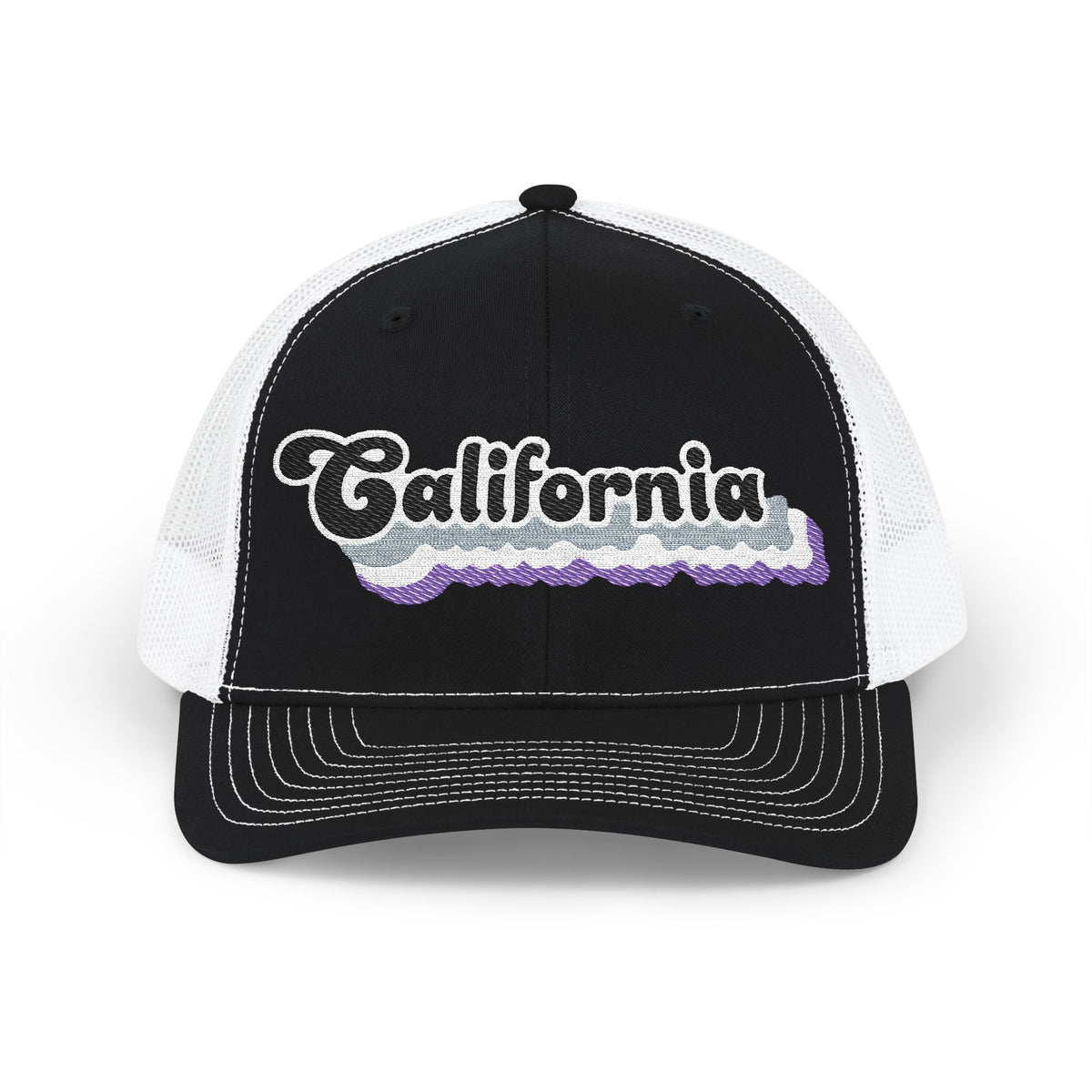 California Asexual Pride Stack Embroidered Trucker, Snapback Trucker Cap, Black front with White mesh in back