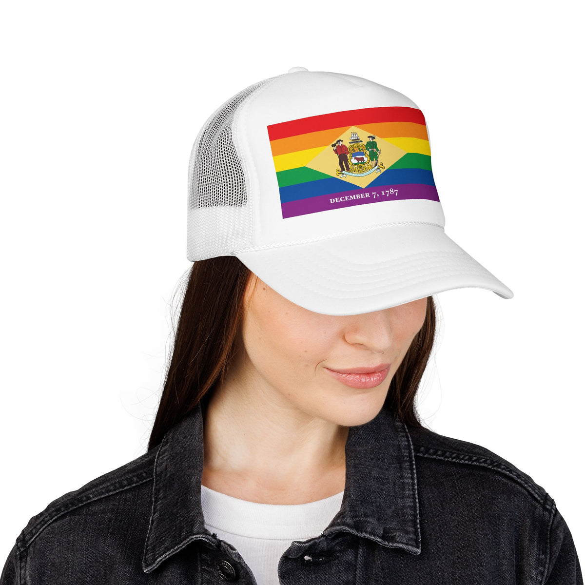 Delaware Rainbow Pride Flag "UNITED" Printed Foam Trucker Hat, Several Color Options