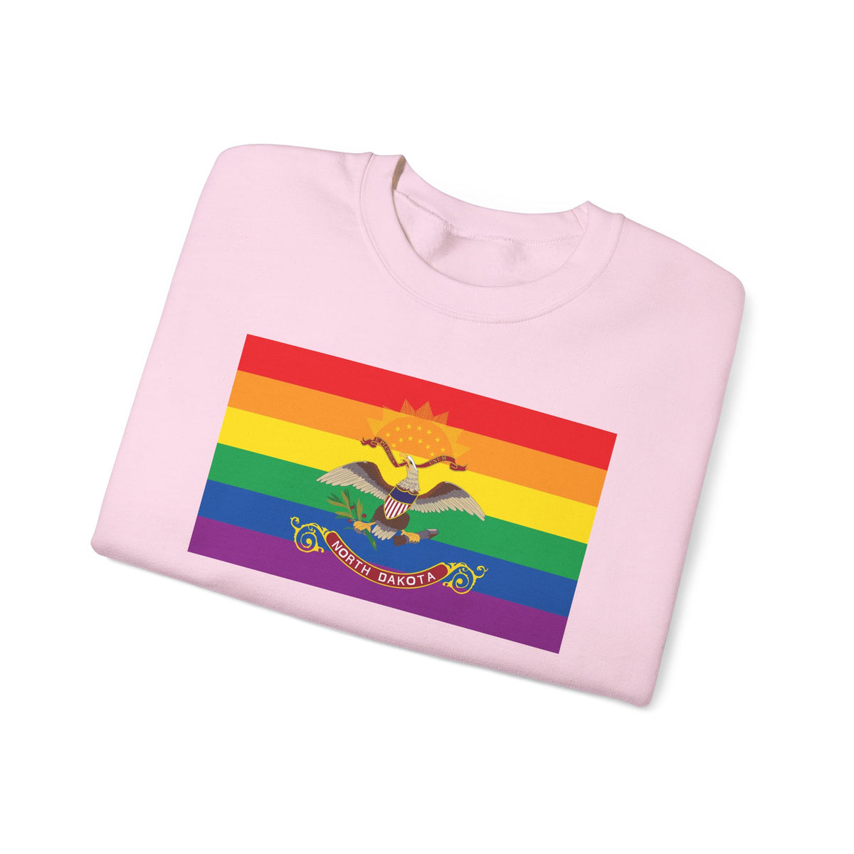 North Dakota Rainbow Pride Flag Unisex Crewneck Sweatshirt, White, Black or Light Pink