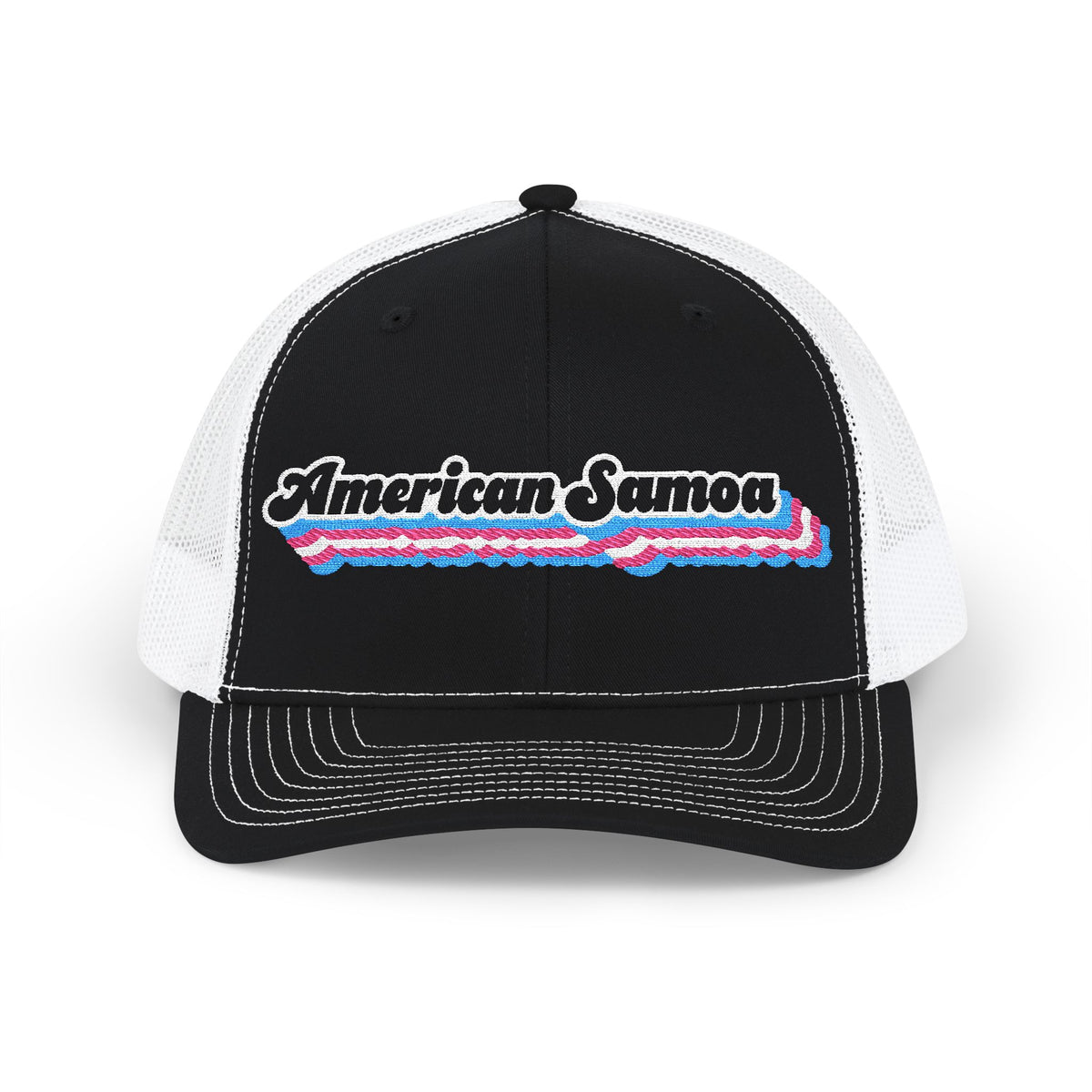American Samoa Transgender Pride Stack Embroidered Trucker, Snapback Trucker Cap, Black front with White mesh in back