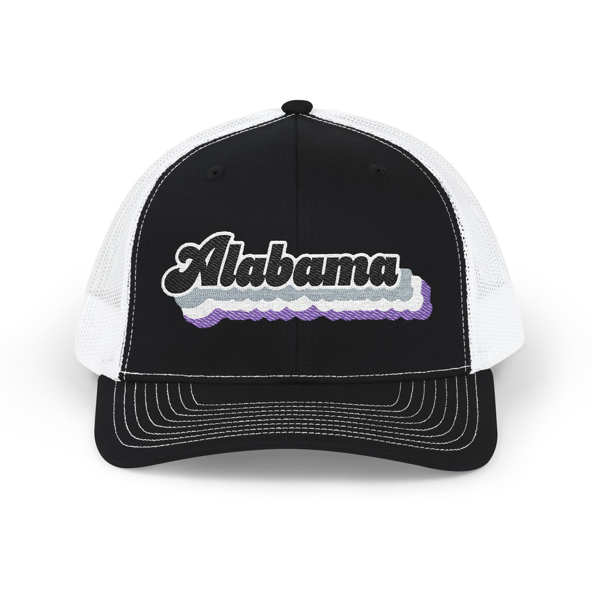 Alabama Asexual Pride Stack Embroidered Trucker, Snapback Trucker Cap, Black front with White mesh in back