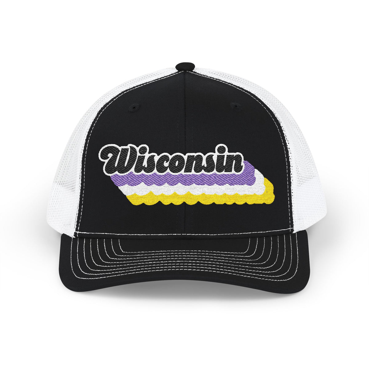 Wisconsin Non-binary Pride Stack Embroidered Trucker, Snapback Trucker Cap, Black front with White mesh in back
