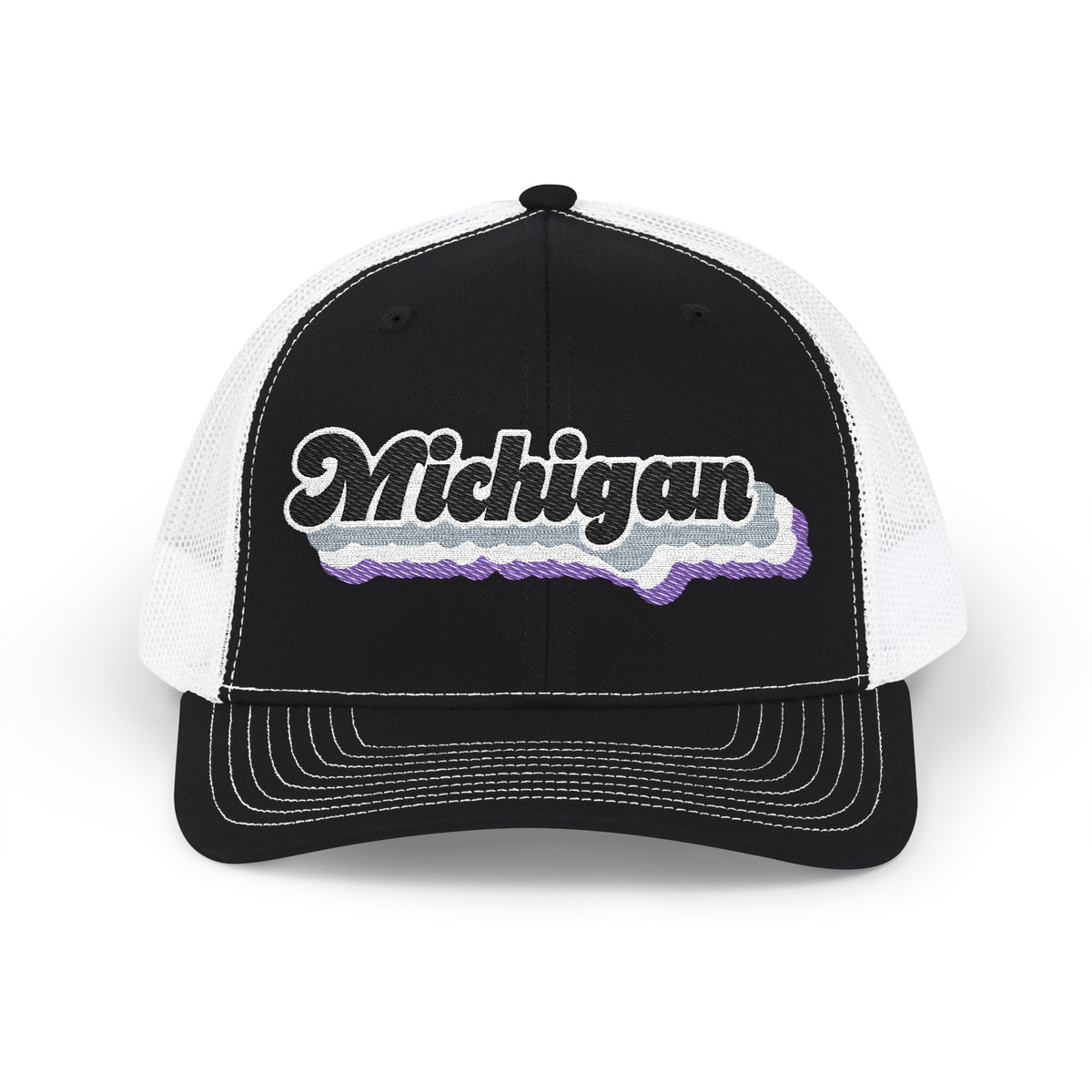 Michigan Asexual Pride Stack Embroidered Trucker, Snapback Trucker Cap, Black front with White mesh in back
