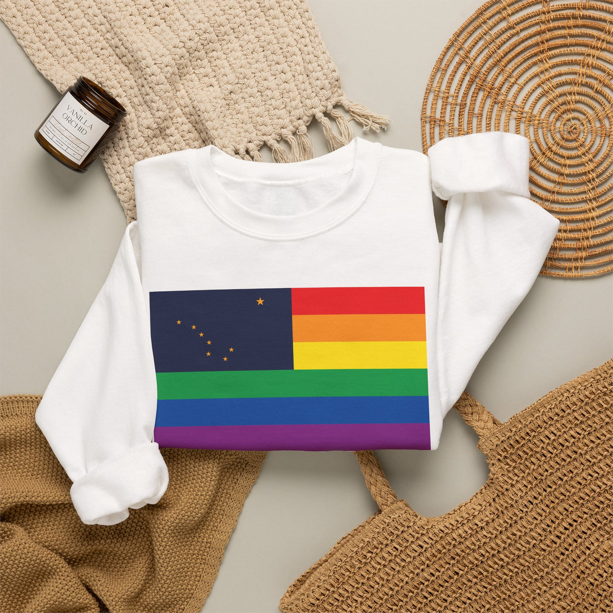 Alaska Rainbow Pride Flag Unisex Crewneck Sweatshirt, White, Black or Light Pink