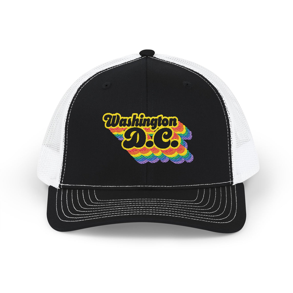 Washington, D.C. Retro Rainbow Stack Embroidered Trucker, Snapback Trucker Cap, Black front with White mesh in back