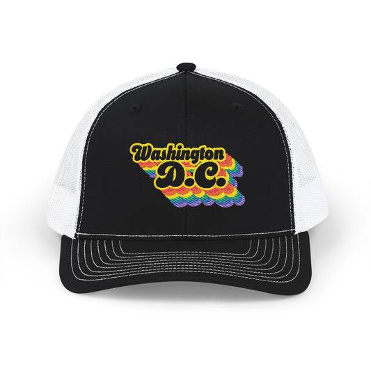 Washington, D.C. Retro Rainbow Stack Embroidered Trucker, Snapback Trucker Cap, Black front with White mesh in back