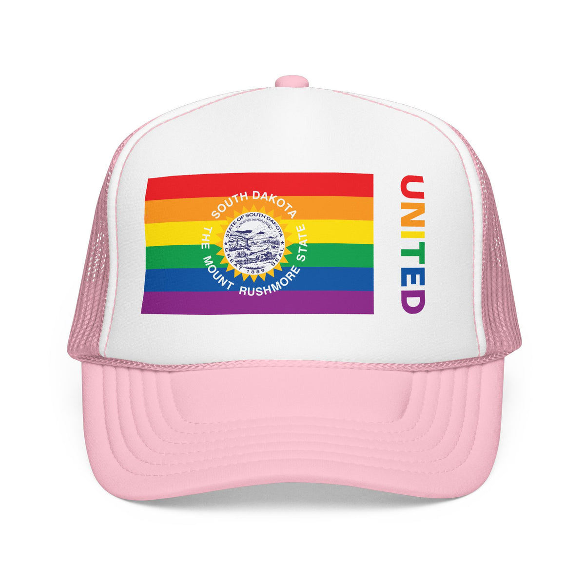 South Dakota Rainbow Pride Flag "UNITED" Printed Foam Trucker Hat, Several Color Options
