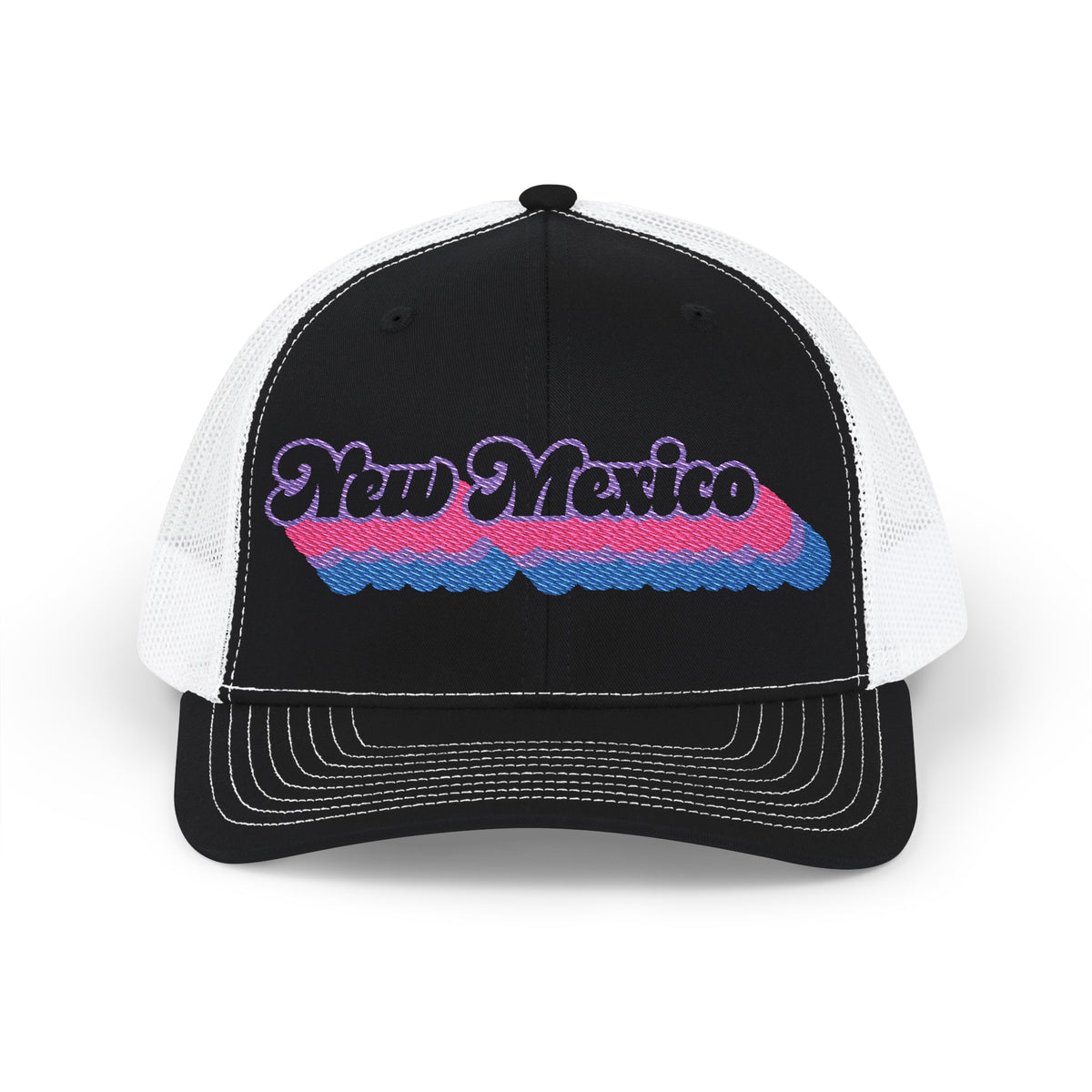 New Mexico Bisexual Pride Stack Embroidered Trucker, Snapback Trucker Cap, Black front with White mesh in back