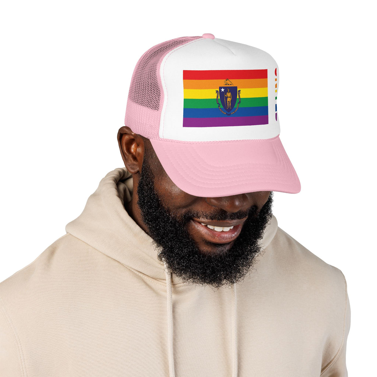 Massachusetts Rainbow Pride Flag "UNITED" Printed Foam Trucker Hat, Several Color Options