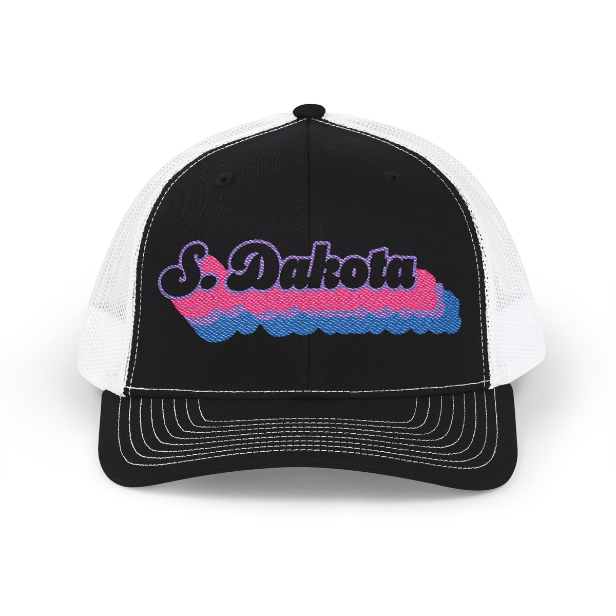 South Dakota Bisexual Pride Stack Embroidered Trucker, Snapback Trucker Cap, Black front with White mesh in back