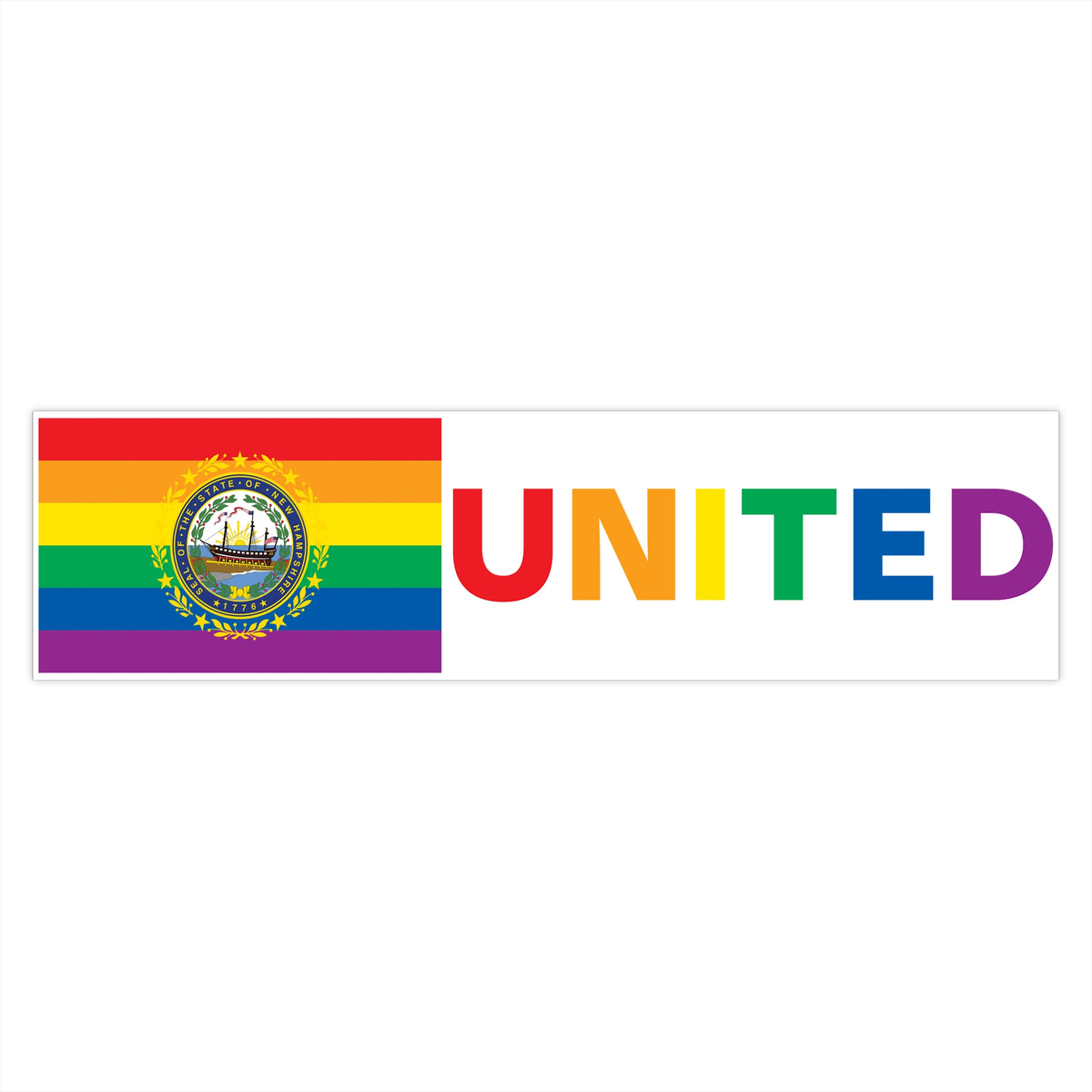 New Hampshire Rainbow Pride Flag "UNITED" Bumper Sticker