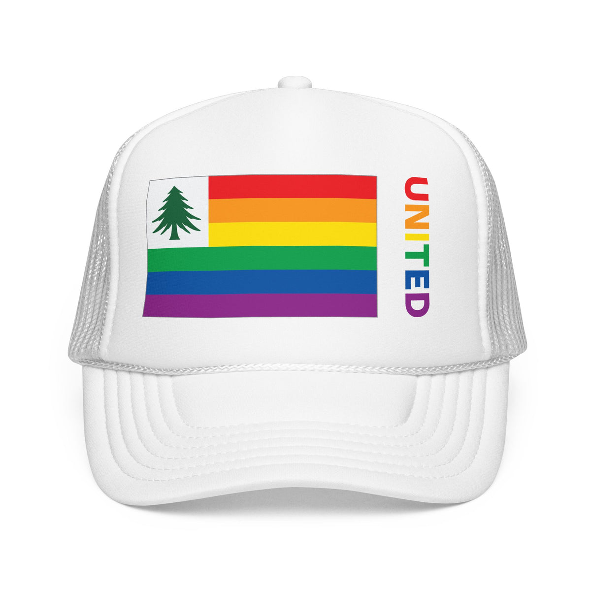 New England Rainbow Pride Flag "UNITED" Printed Foam Trucker Hat, Several Color Options