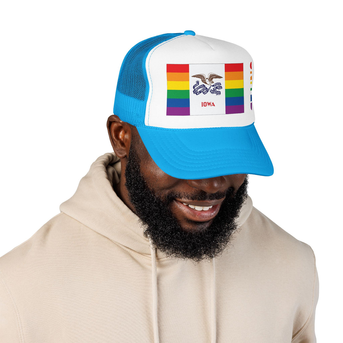 Iowa Rainbow Pride Flag "UNITED" Printed Foam Trucker Hat, Several Color Options