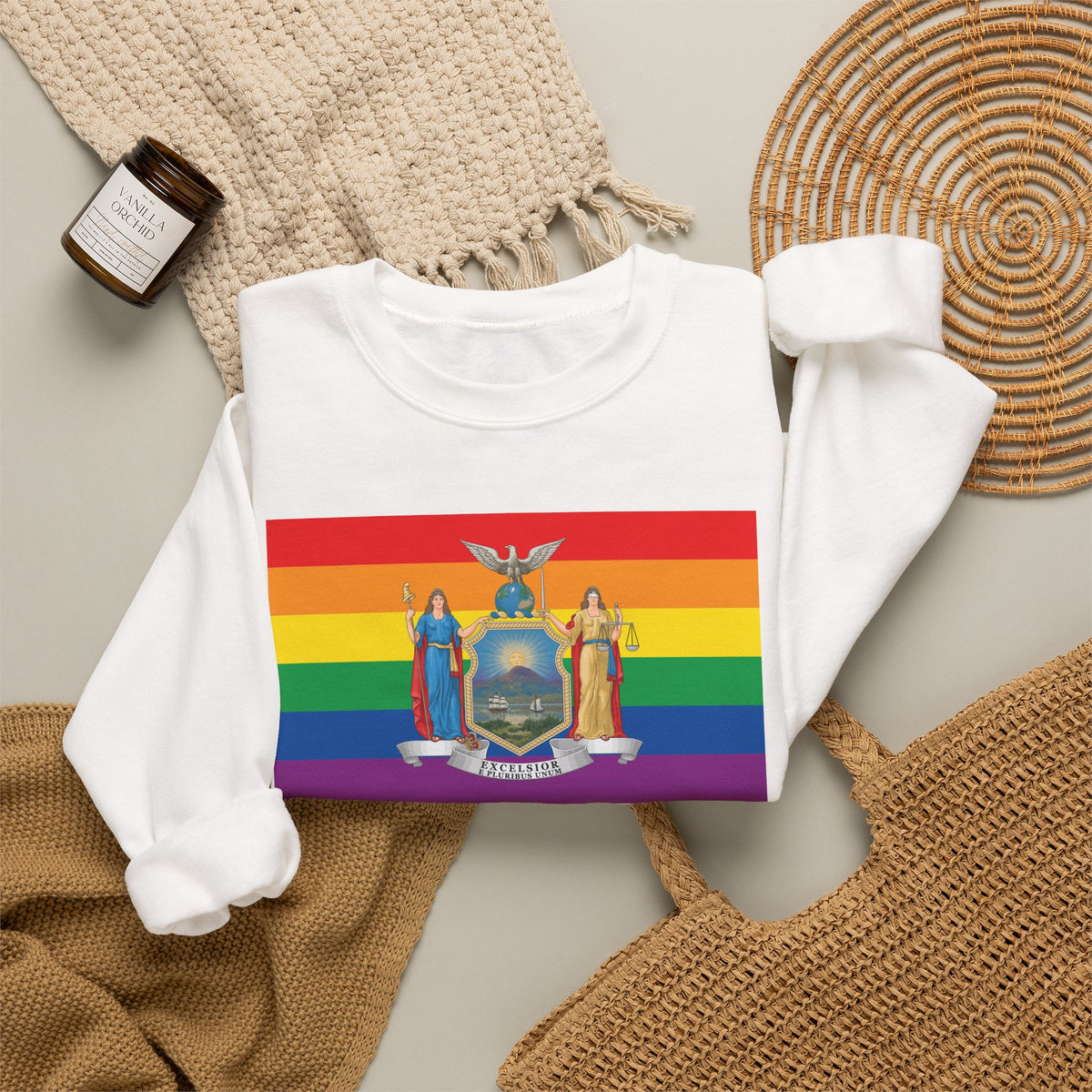 New York Rainbow Pride Flag Unisex Crewneck Sweatshirt, White, Black or Light Pink