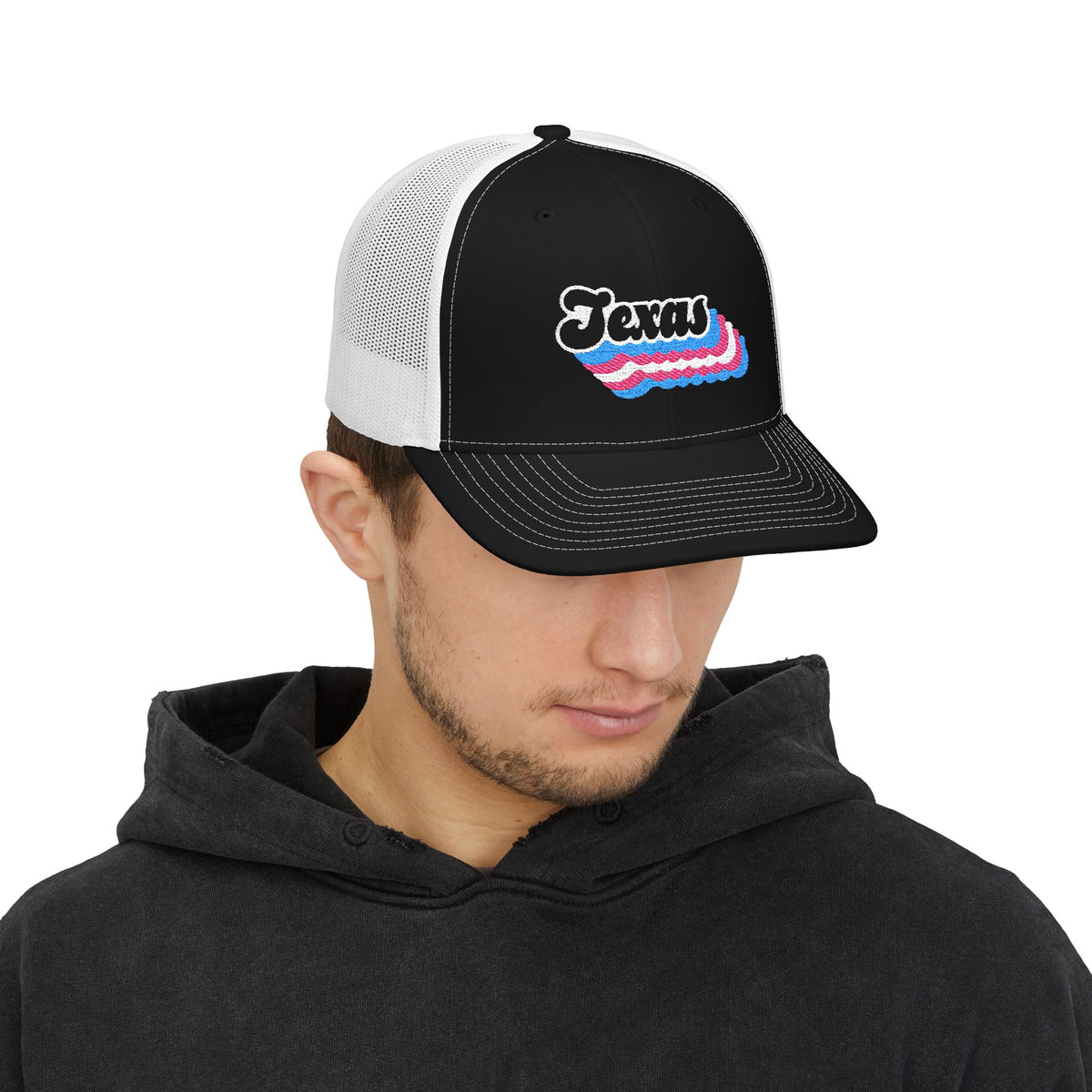 Texas Transgender Pride Stack Embroidered Trucker, Snapback Trucker Cap, Black front with White mesh in back