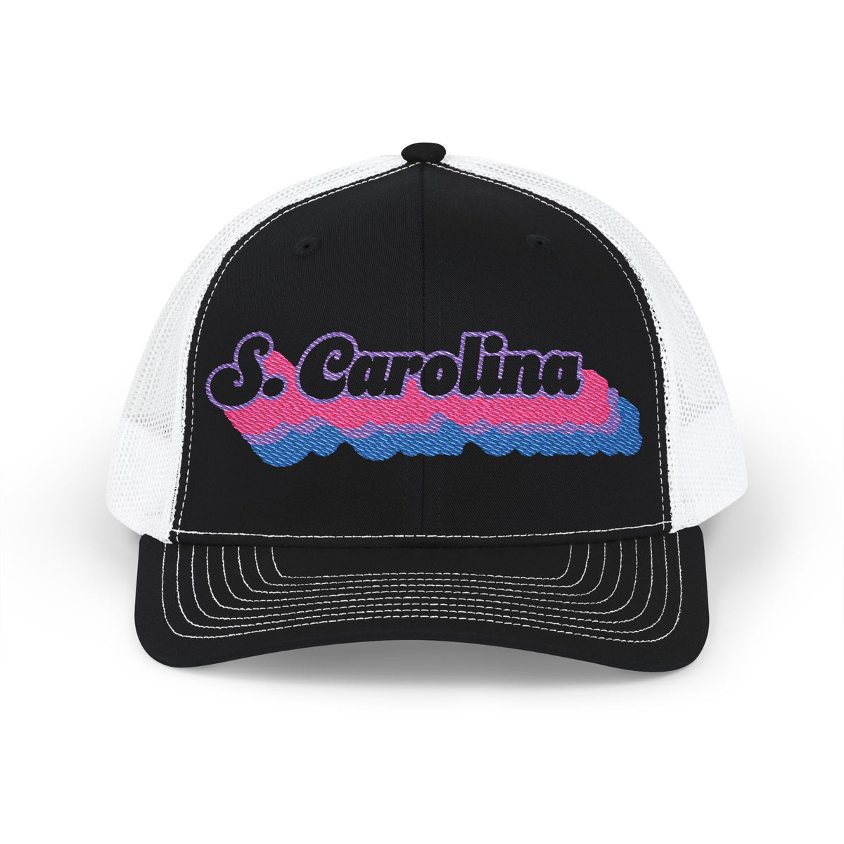 South Carolina Bisexual Pride Stack Embroidered Trucker, Snapback Trucker Cap, Black front with White mesh in back
