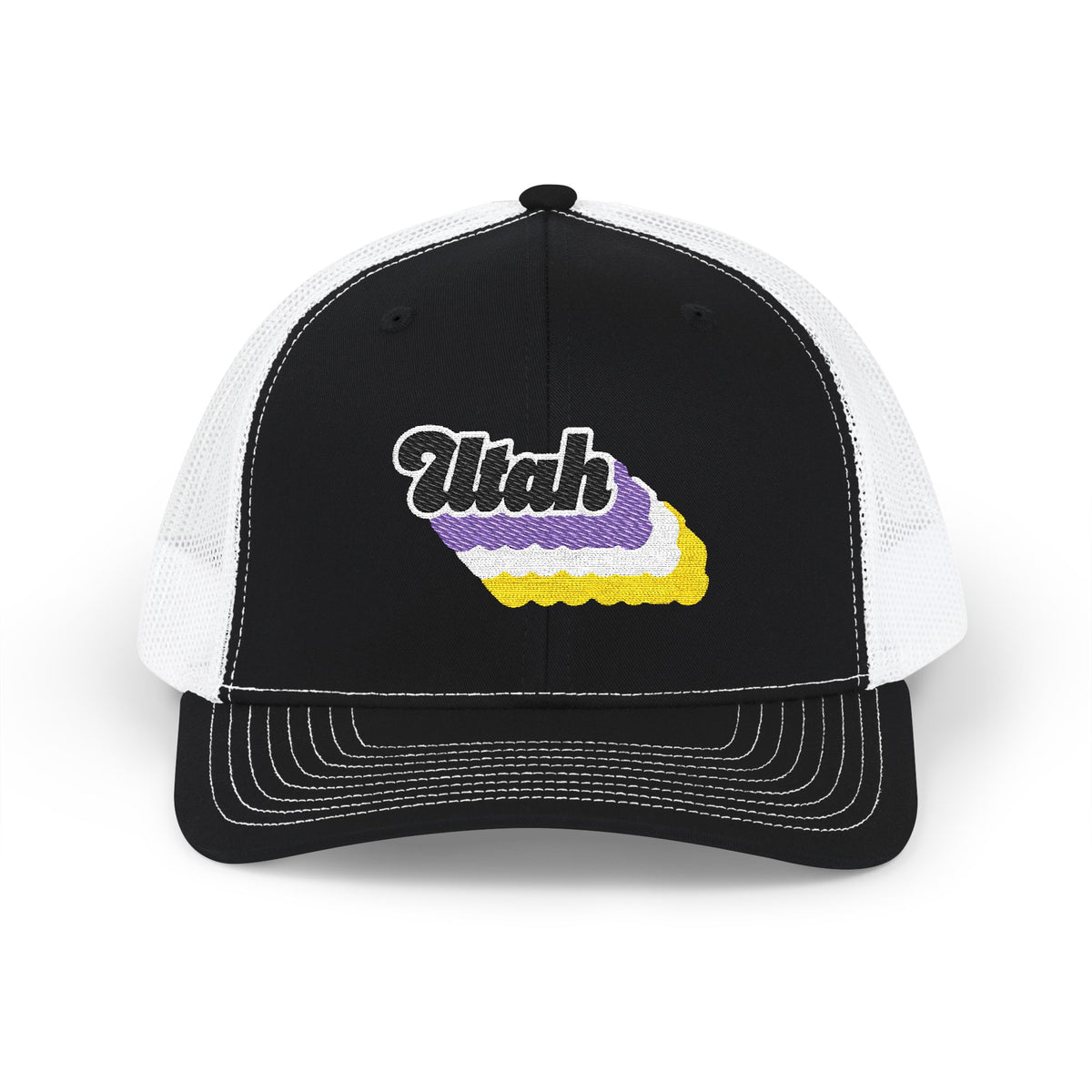 Utah Non-binary Pride Stack Embroidered Trucker, Snapback Trucker Cap, Black front with White mesh in back
