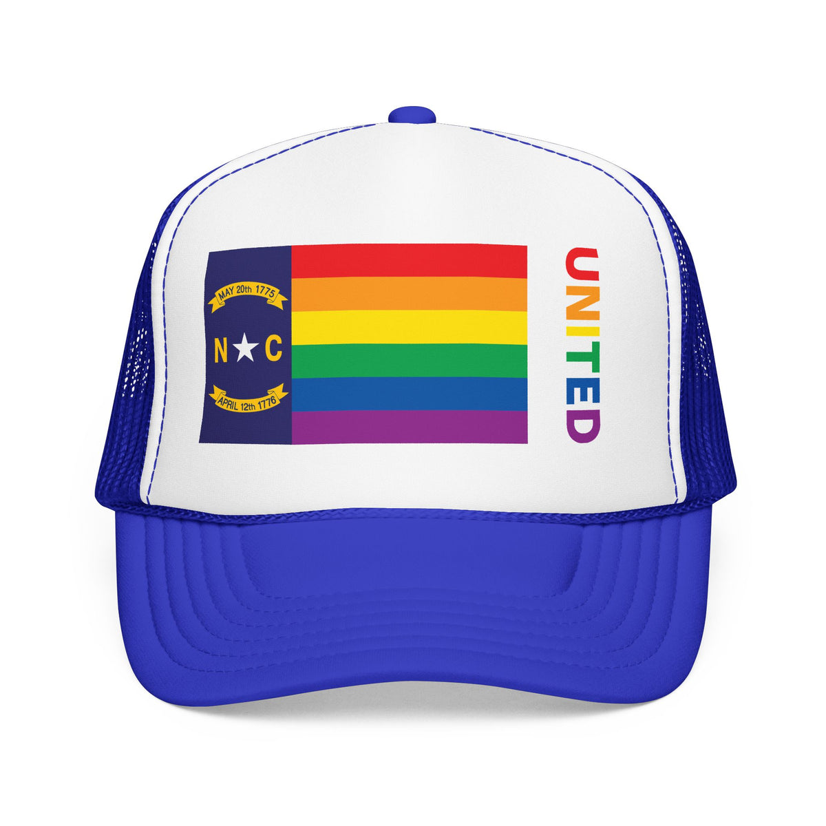 North Carolina Rainbow Pride Flag "UNITED" Printed Foam Trucker Hat, Several Color Options