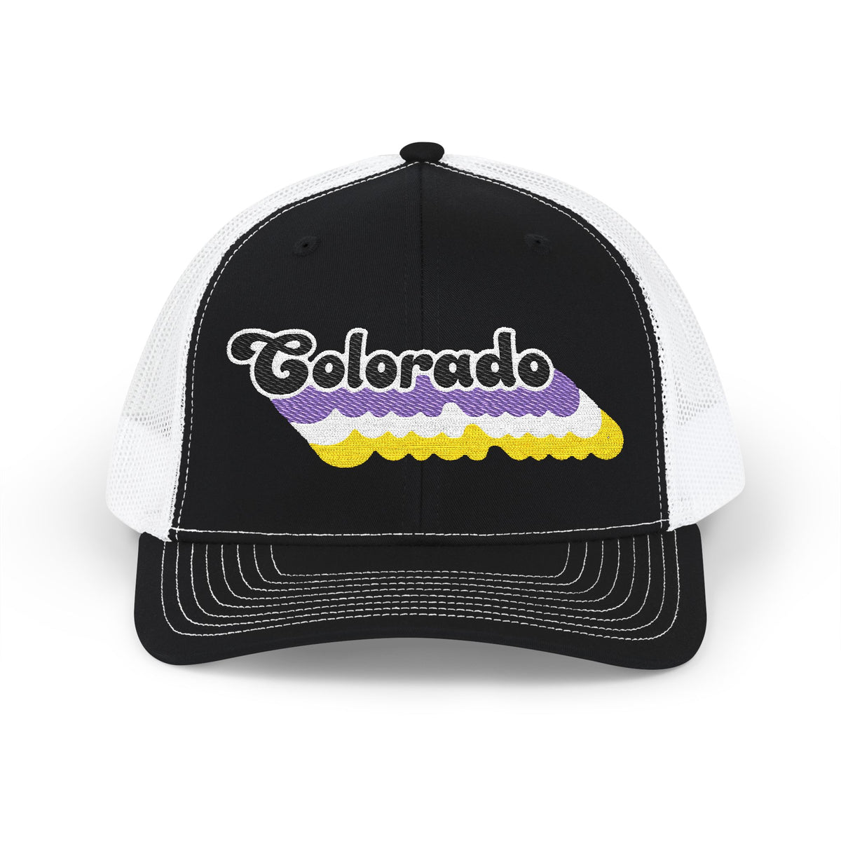 Colorado Non-binary Pride Stack Embroidered Trucker, Snapback Trucker Cap, Black front with White mesh in back