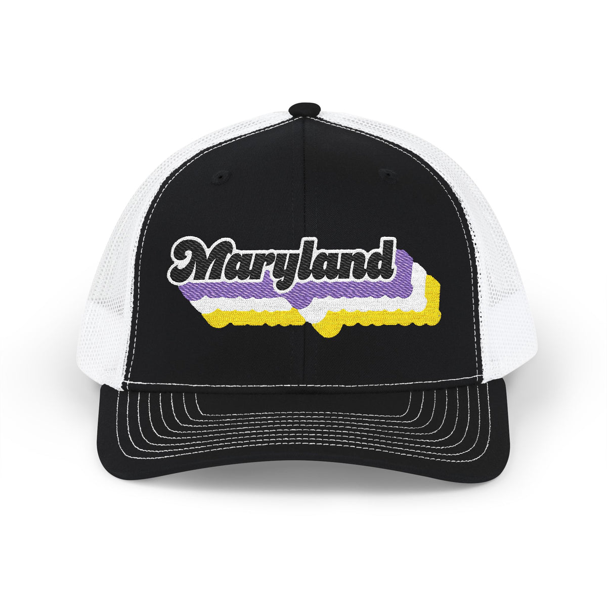 Maryland Non-binary Pride Stack Embroidered Trucker, Snapback Trucker Cap, Black front with White mesh in back