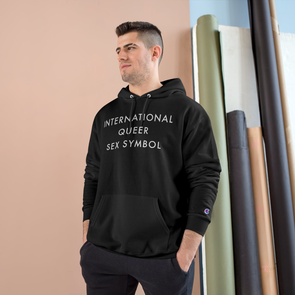International Queer Sex Symbol Hoodie (Champion®) - Black and Charcoal Heather with White Deco