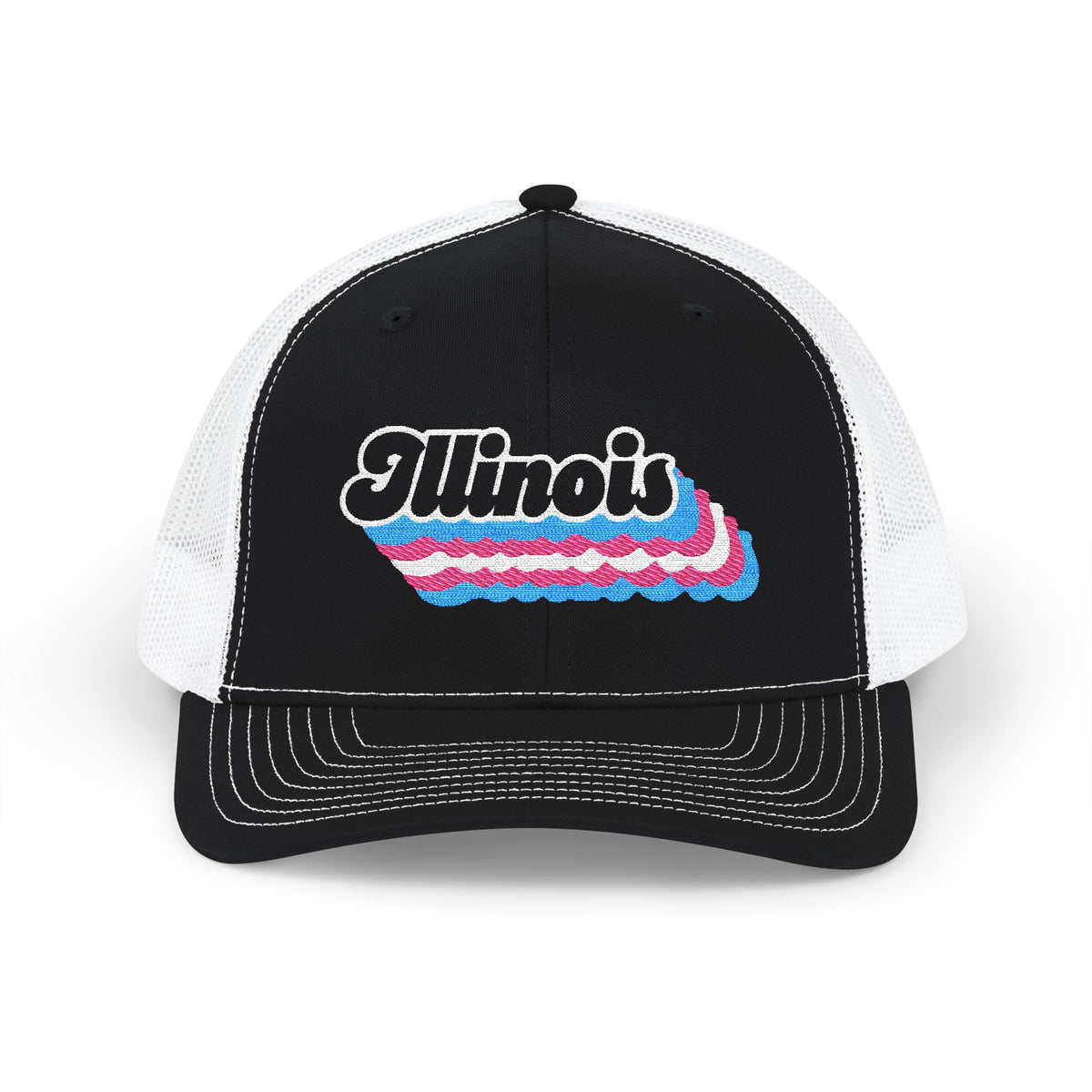 Illinois Transgender Pride Stack Embroidered Trucker, Snapback Trucker Cap, Black front with White mesh in back