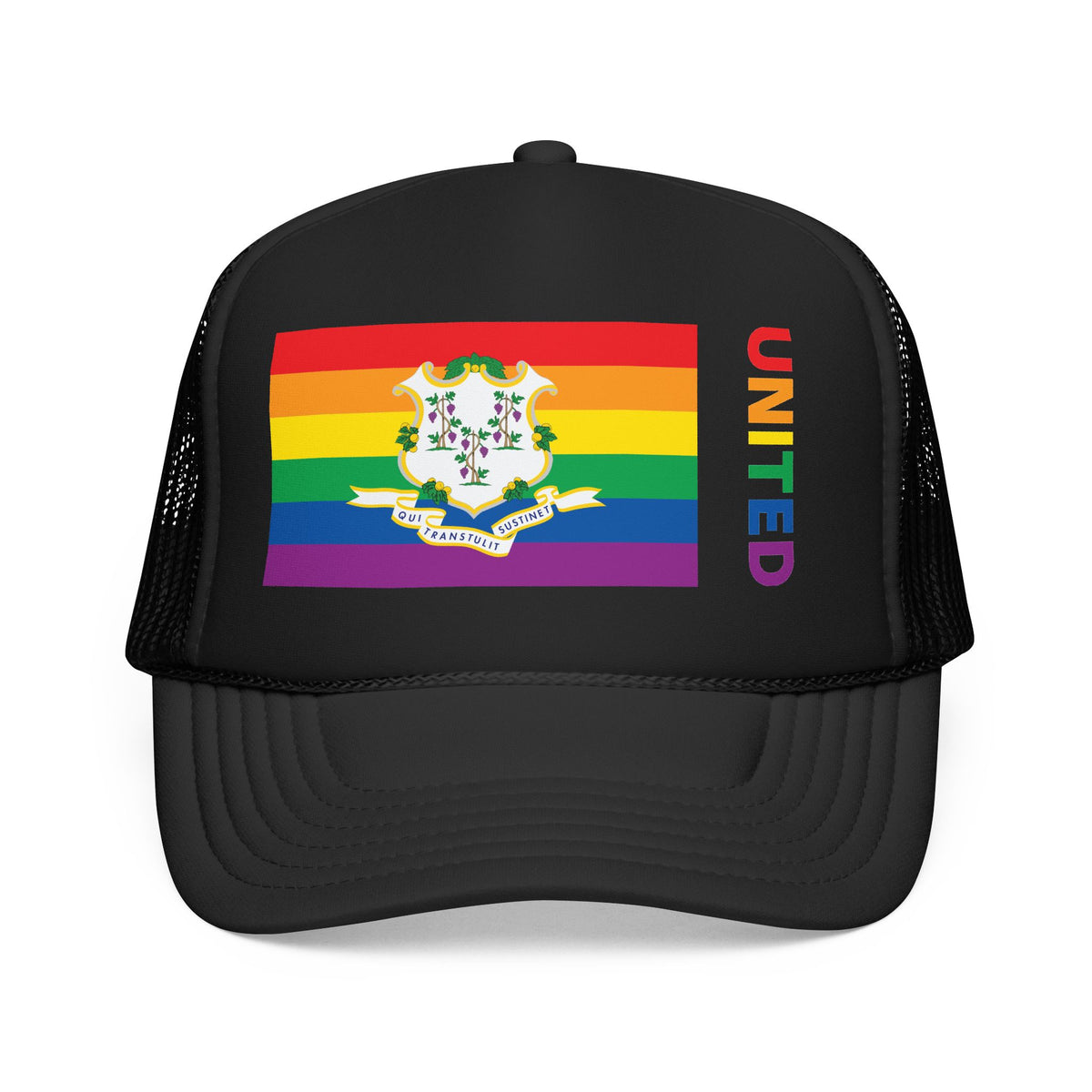 Connecticut Rainbow Pride Flag "UNITED" Printed Foam Trucker Hat, Several Color Options