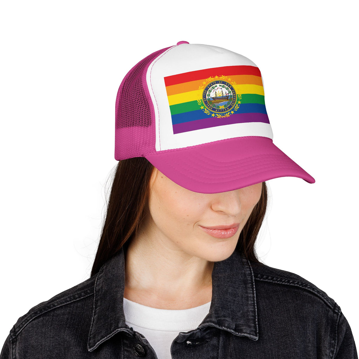 New Hampshire Rainbow Pride Flag "UNITED" Printed Foam Trucker Hat, Several Color Options