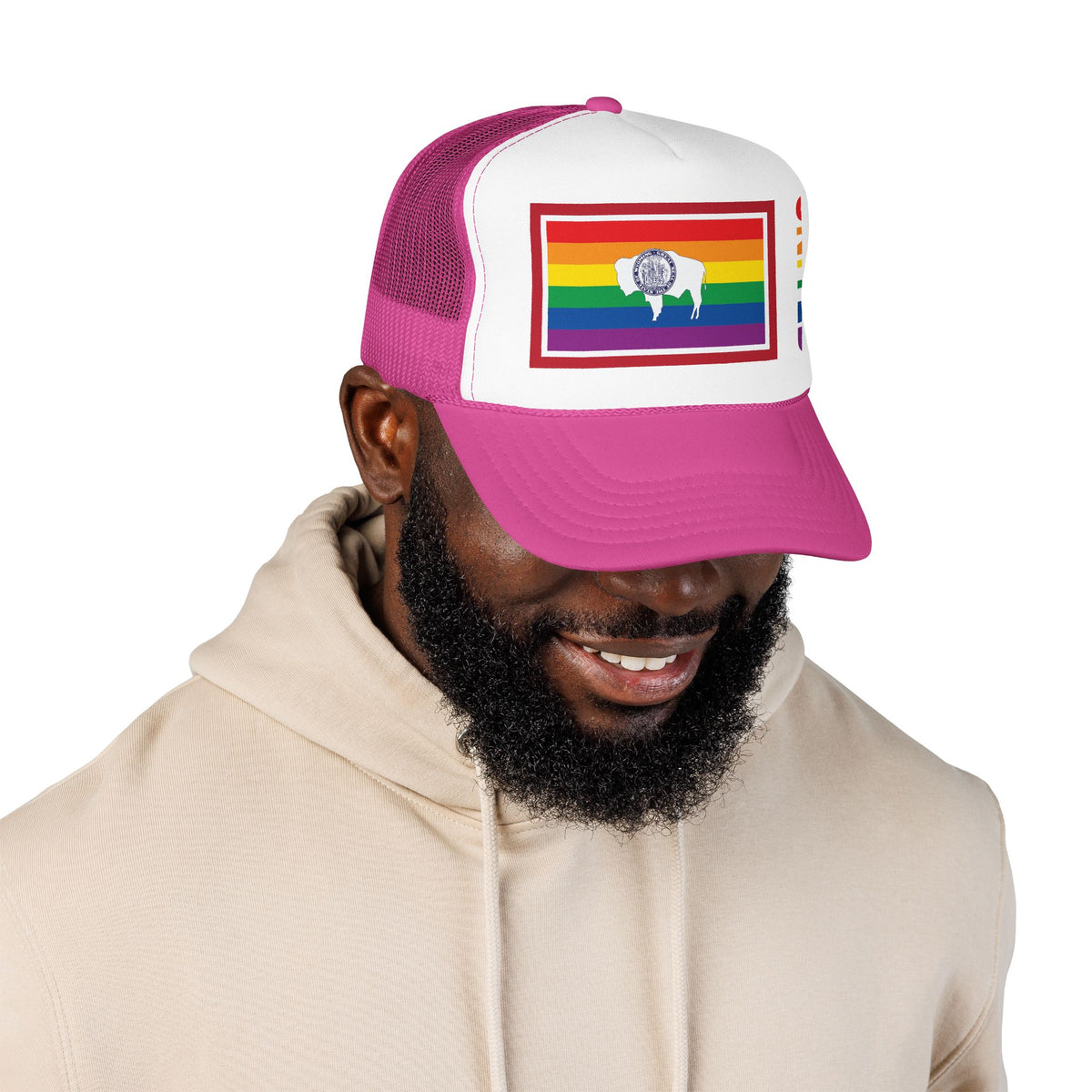 Wyoming Rainbow Pride Flag "UNITED" Printed Foam Trucker Hat, Several Color Options