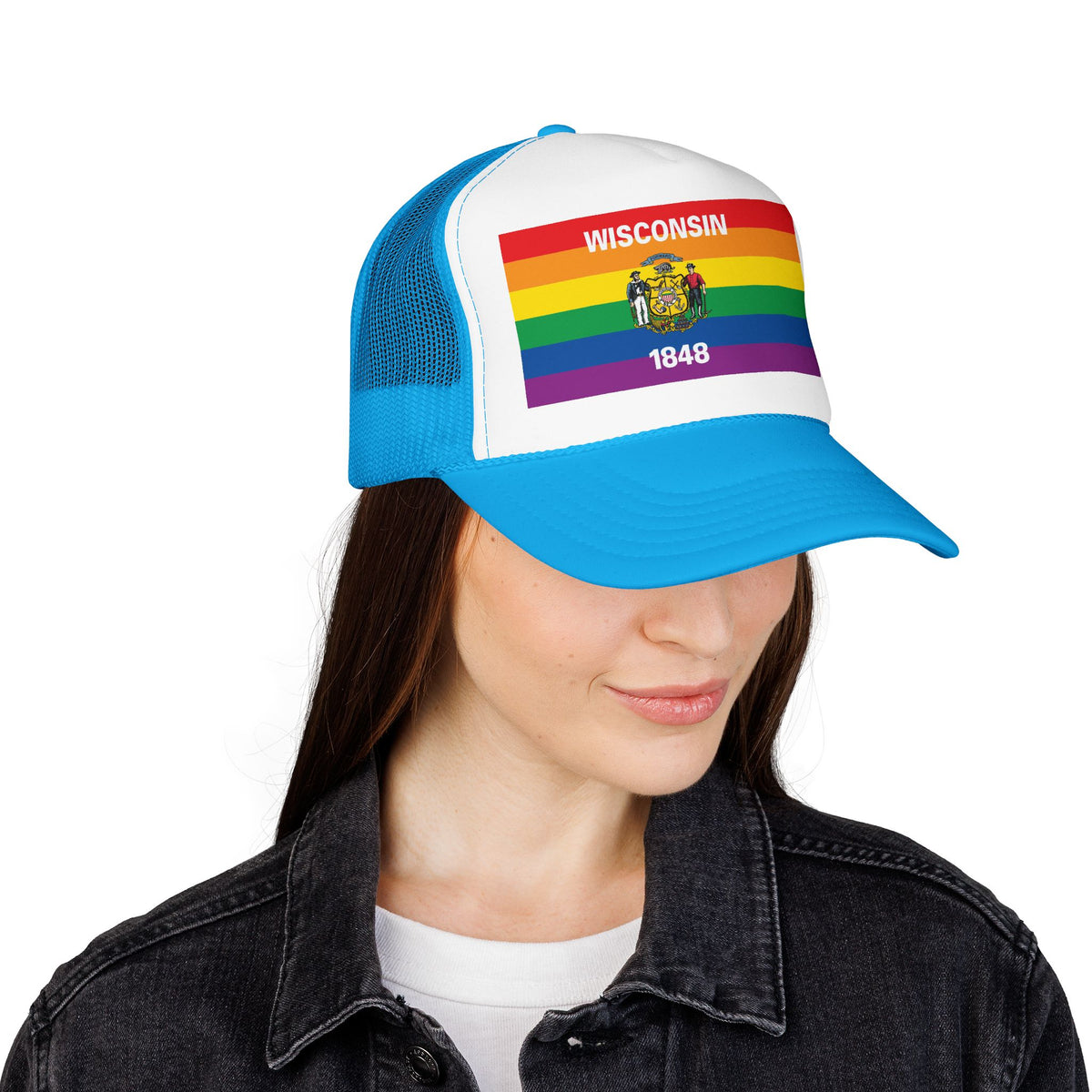 Wisconsin Rainbow Pride Flag "UNITED" Printed Foam Trucker Hat, Several Color Options