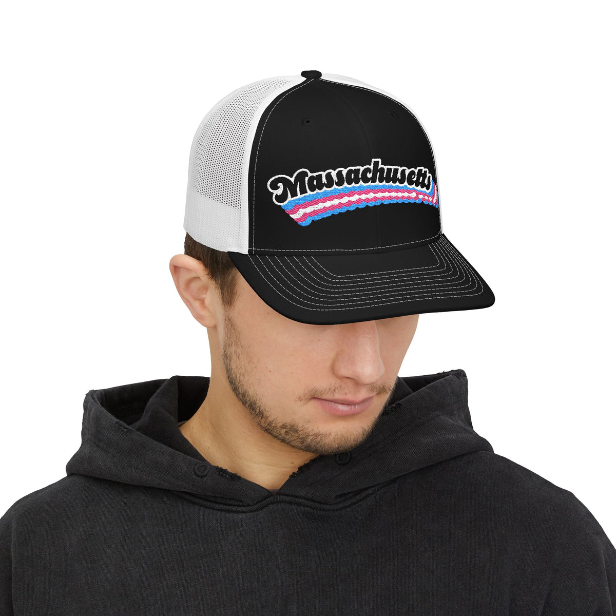 Massachusetts Transgender Pride Stack Embroidered Trucker, Snapback Trucker Cap, Black front with White mesh in back