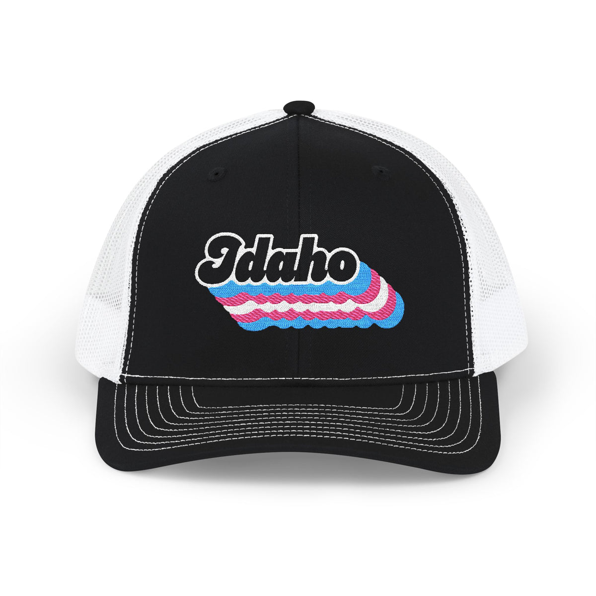Idaho Transgender Pride Stack Embroidered Trucker, Snapback Trucker Cap, Black front with White mesh in back