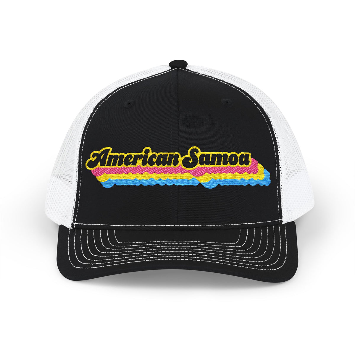 American Samoa Pansexual Pride Stack Embroidered Trucker, Snapback Trucker Cap, Black front with White mesh in back