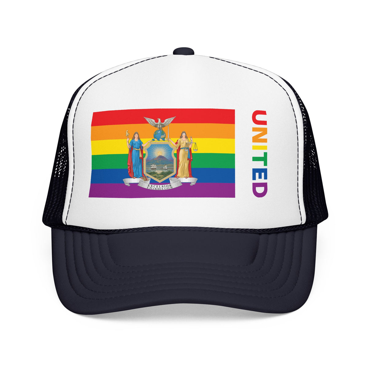 New York Rainbow Pride Flag "UNITED" Printed Foam Trucker Hat, Several Color Options