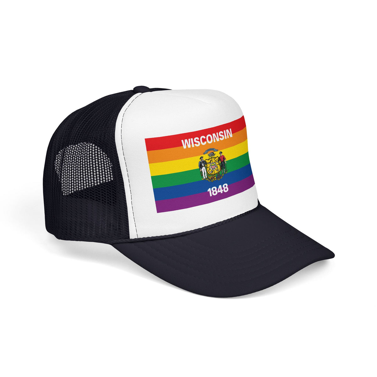 Wisconsin Rainbow Pride Flag "UNITED" Printed Foam Trucker Hat, Several Color Options