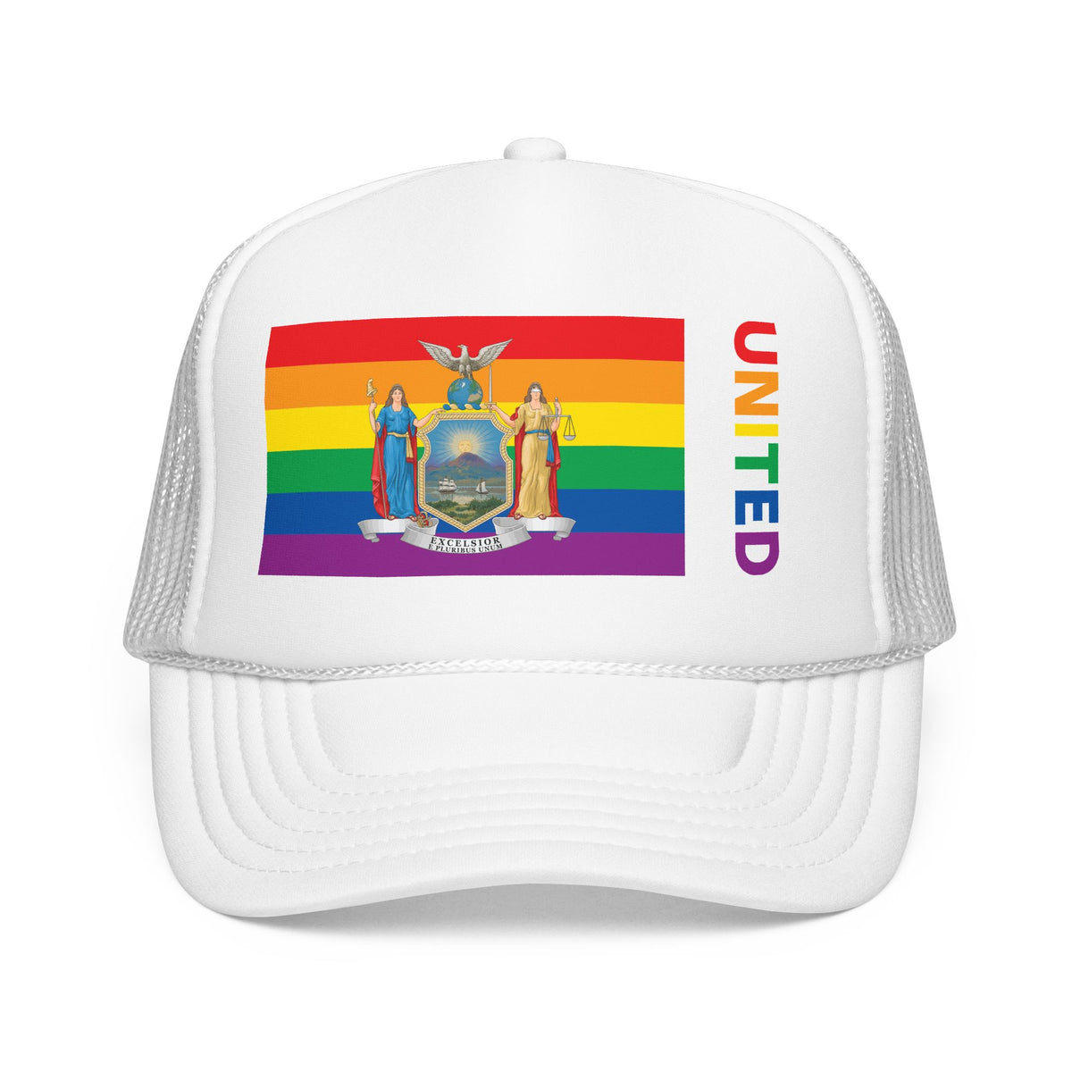 New York Rainbow Pride Flag "UNITED" Printed Foam Trucker Hat, Several Color Options