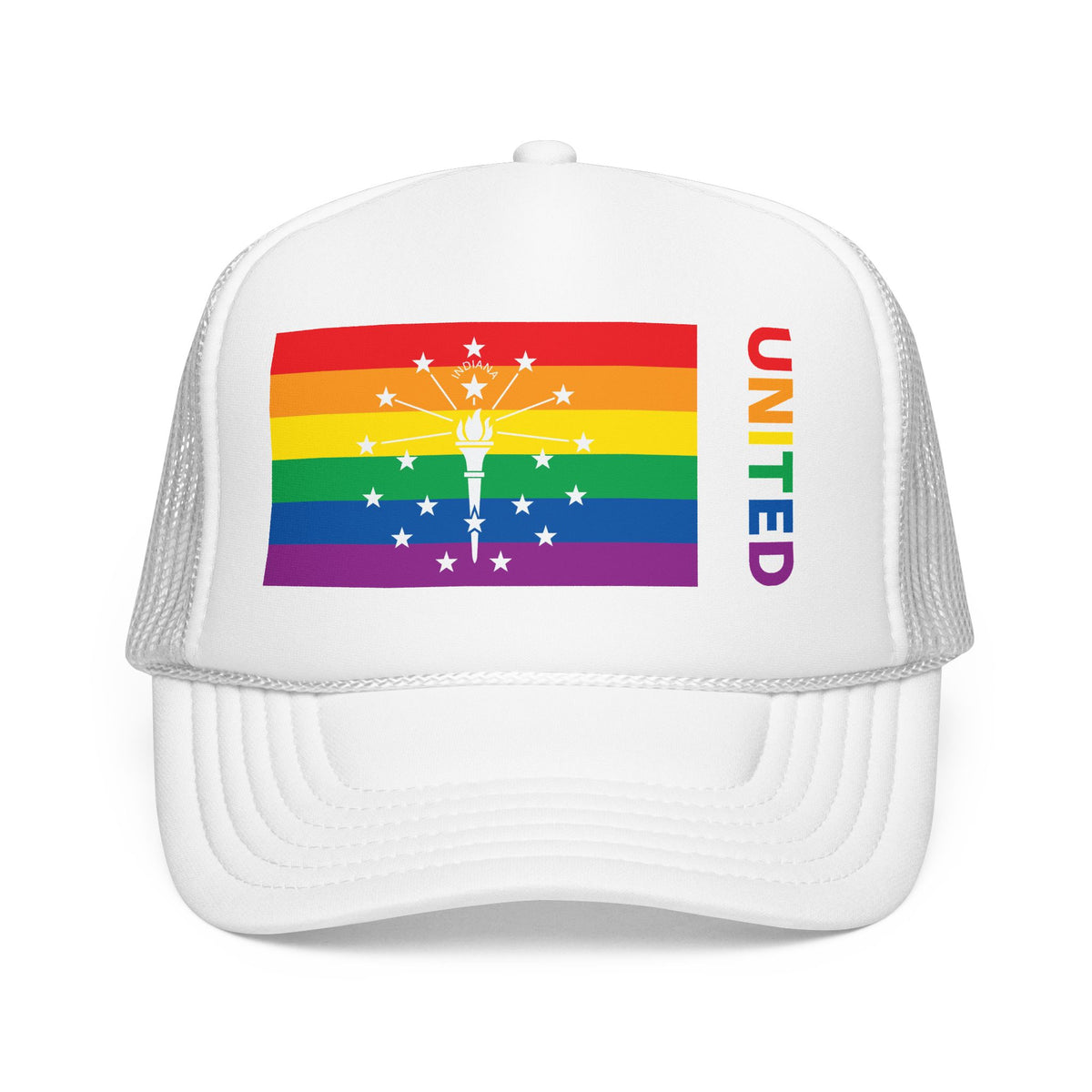 Indiana Rainbow Pride Flag "UNITED" Printed Foam Trucker Hat, Several Color Options
