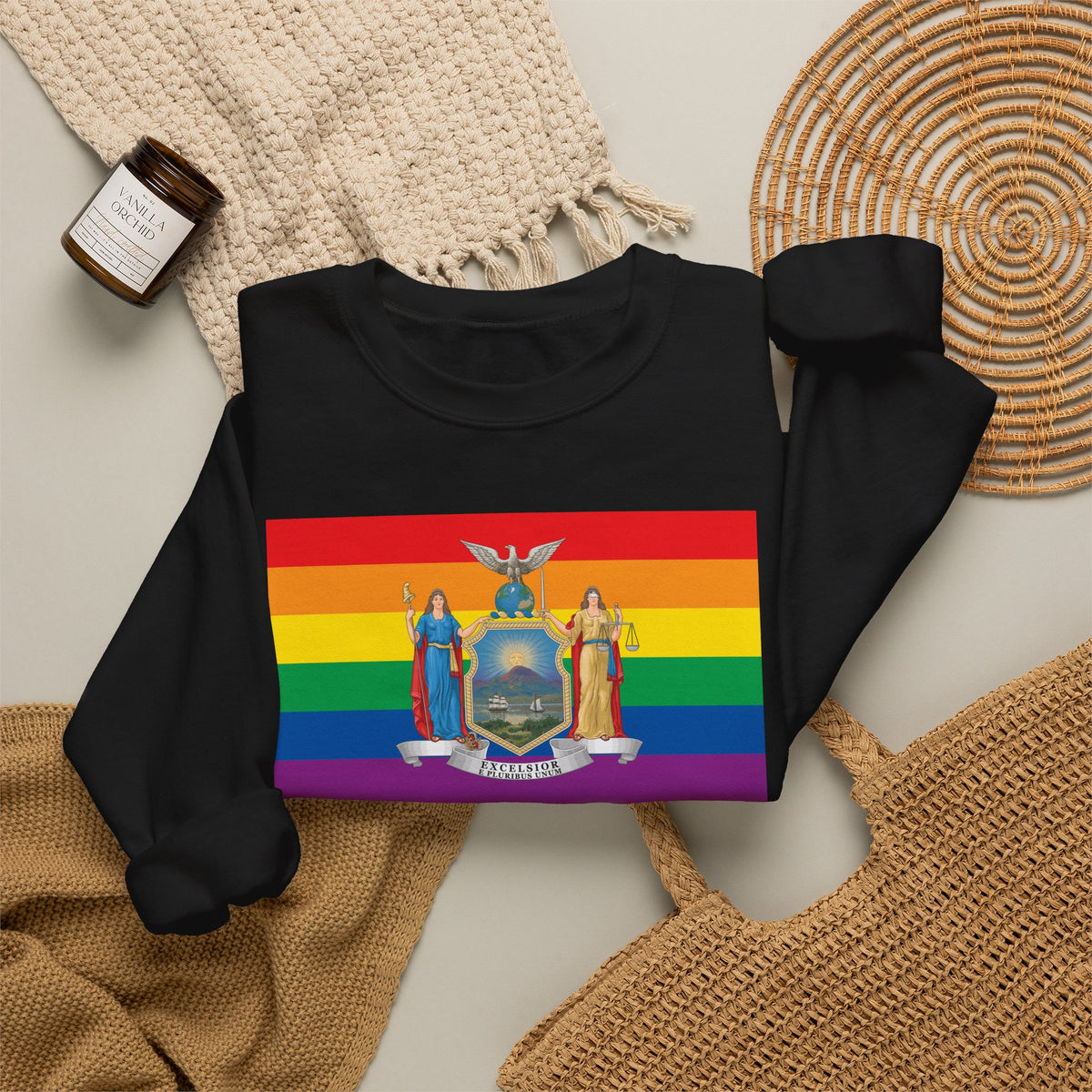 New York Rainbow Pride Flag Unisex Crewneck Sweatshirt, White, Black or Light Pink