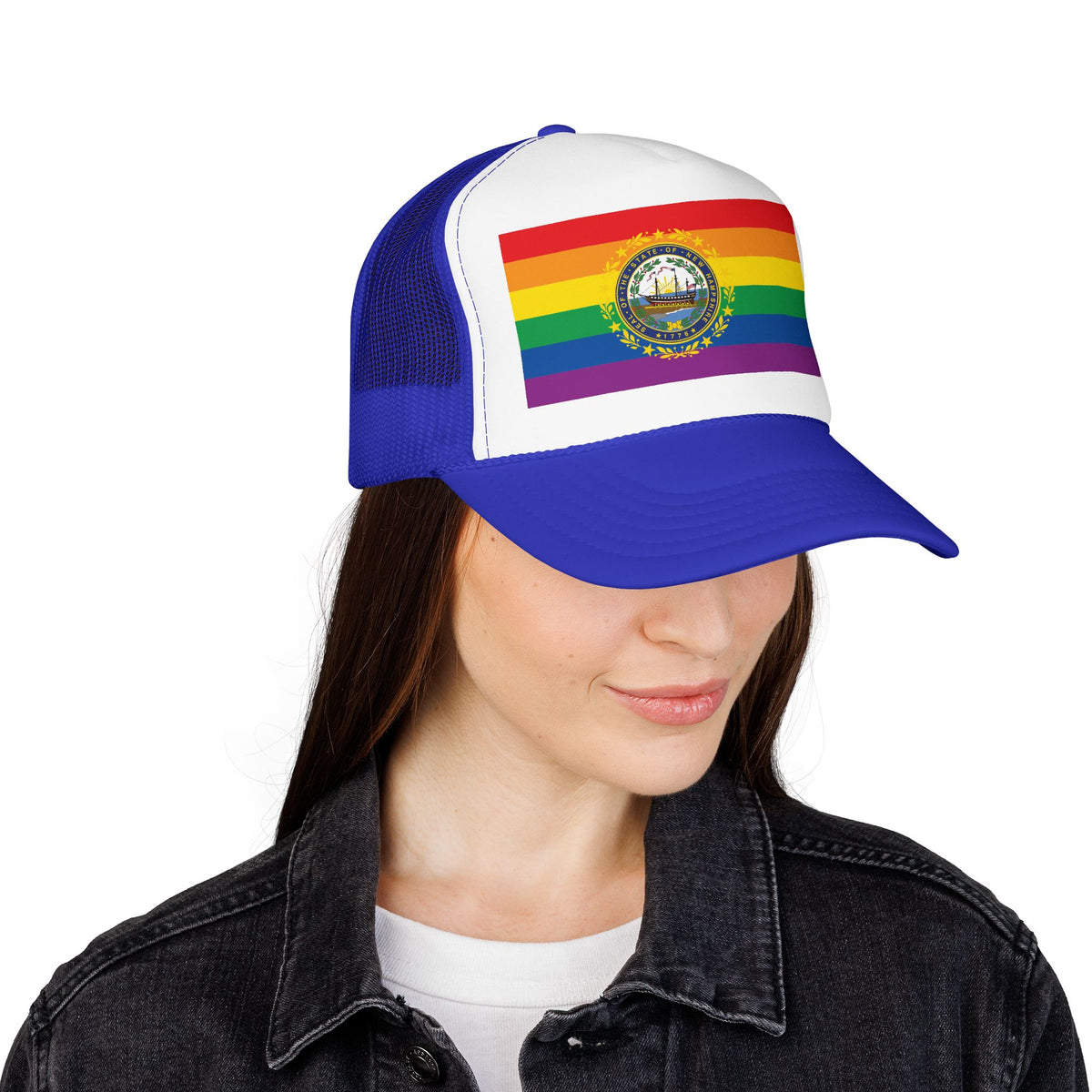 New Hampshire Rainbow Pride Flag "UNITED" Printed Foam Trucker Hat, Several Color Options
